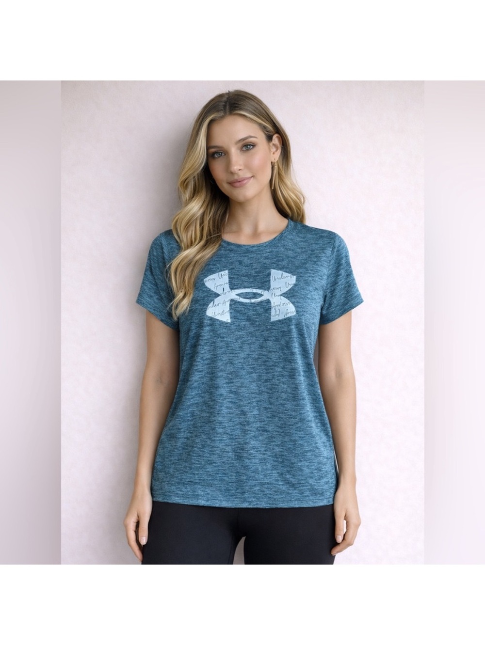 Under Armour Teal Heather Short Sleeve Graphic Logo Tee Loose Medium Heatgear